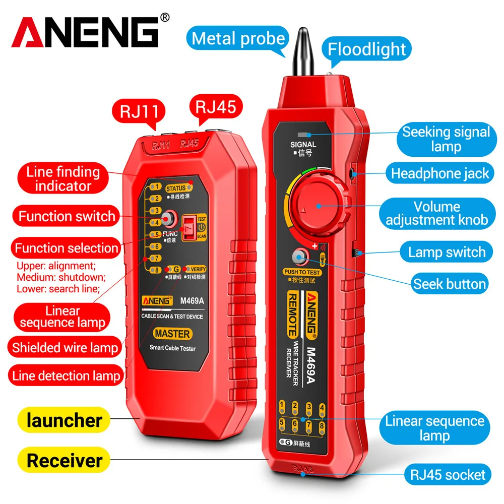 M469A Network Cable Tracker RJ45 RJ11 Networking Analyzer Multi LAN Cable Tester Finder with Flashlight for Network Repair network cable tester network analyzer