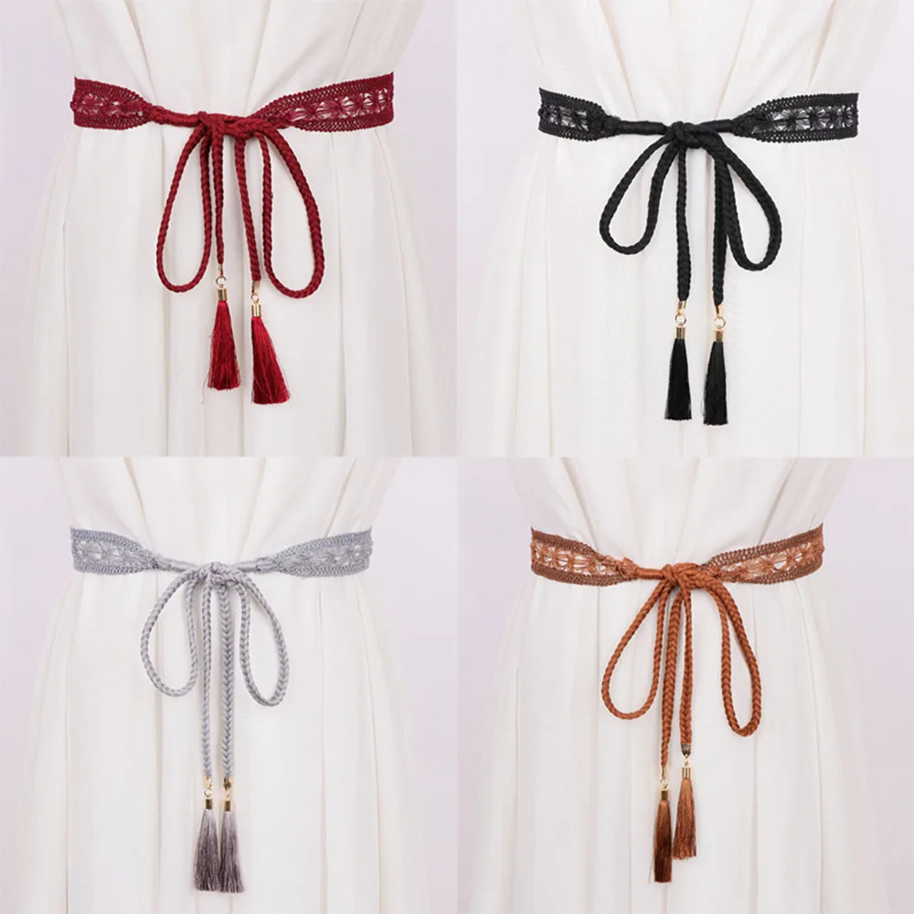 

New Women Woven Tassel Belt Braided Waistband Boho Girls Thin Waist Rope Knitted Waist Belts for Dress Waistbands Accessories