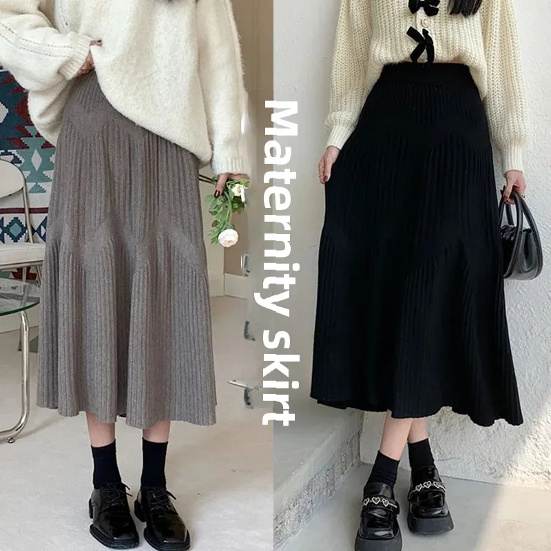 Maternity Knitted Midi Skirt Fashionable Autumn Winter Style A- Line Shape Slimming Large Hemline Suitable for Pregnant Women