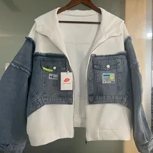  Women Fashion Stitching Denim Jacket Ripped Patchwork Pocket Hoodie Jean Jackets Woman Unique Design Casual Long Sleeve Coats 