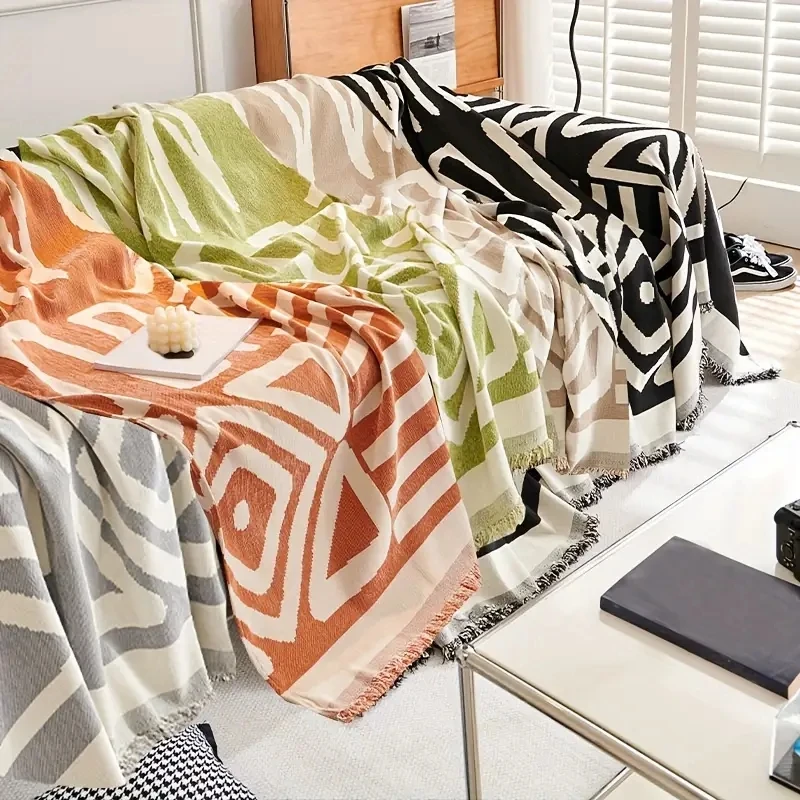 Boho Style Chenille Sofa Towel with Tassels, Double-side, for Living Room Camping Picnic Large Blanket Leisure Relax Beach Towel 5