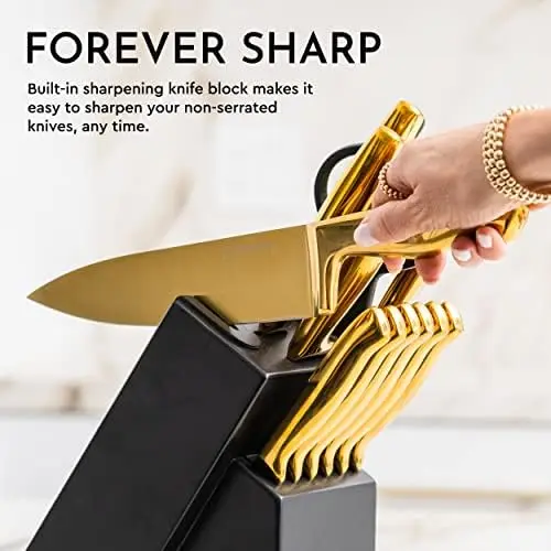 White and Gold Knife Set with Block Self Sharpening - 14 PC Titanium Coated  Gold and White Kitchen Knife Set and White Knife Block with Sharpener