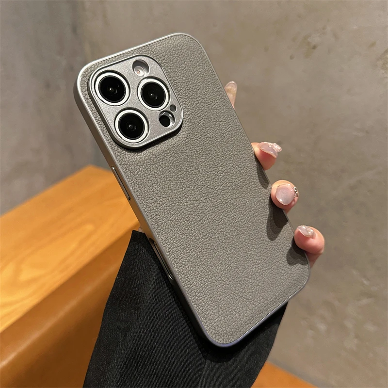 Luxury Litchi Patterned Leather Armor Case - Solid Color Silicone Shockproof Hard Cover
