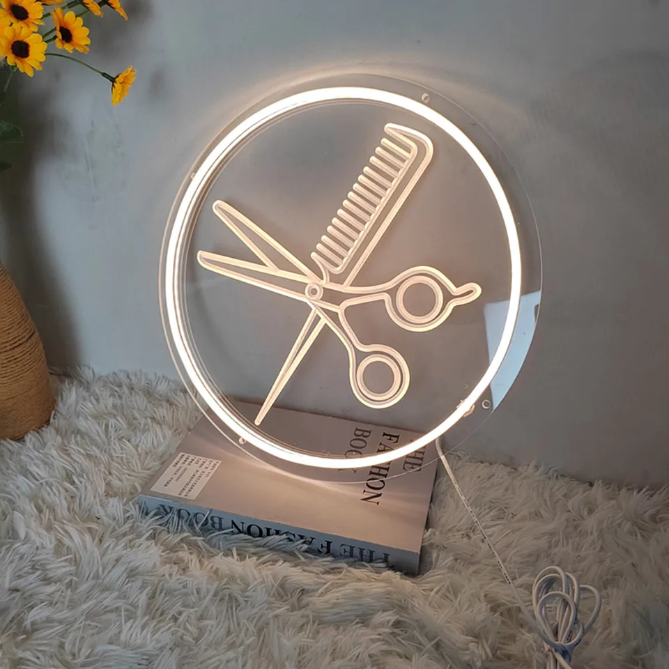 Insegna LED Al Neon Per Barbiere E Salone Di Bellezza - Cartello Luminoso 42x30,5 Cm Con Forbici, Alimentazione USB