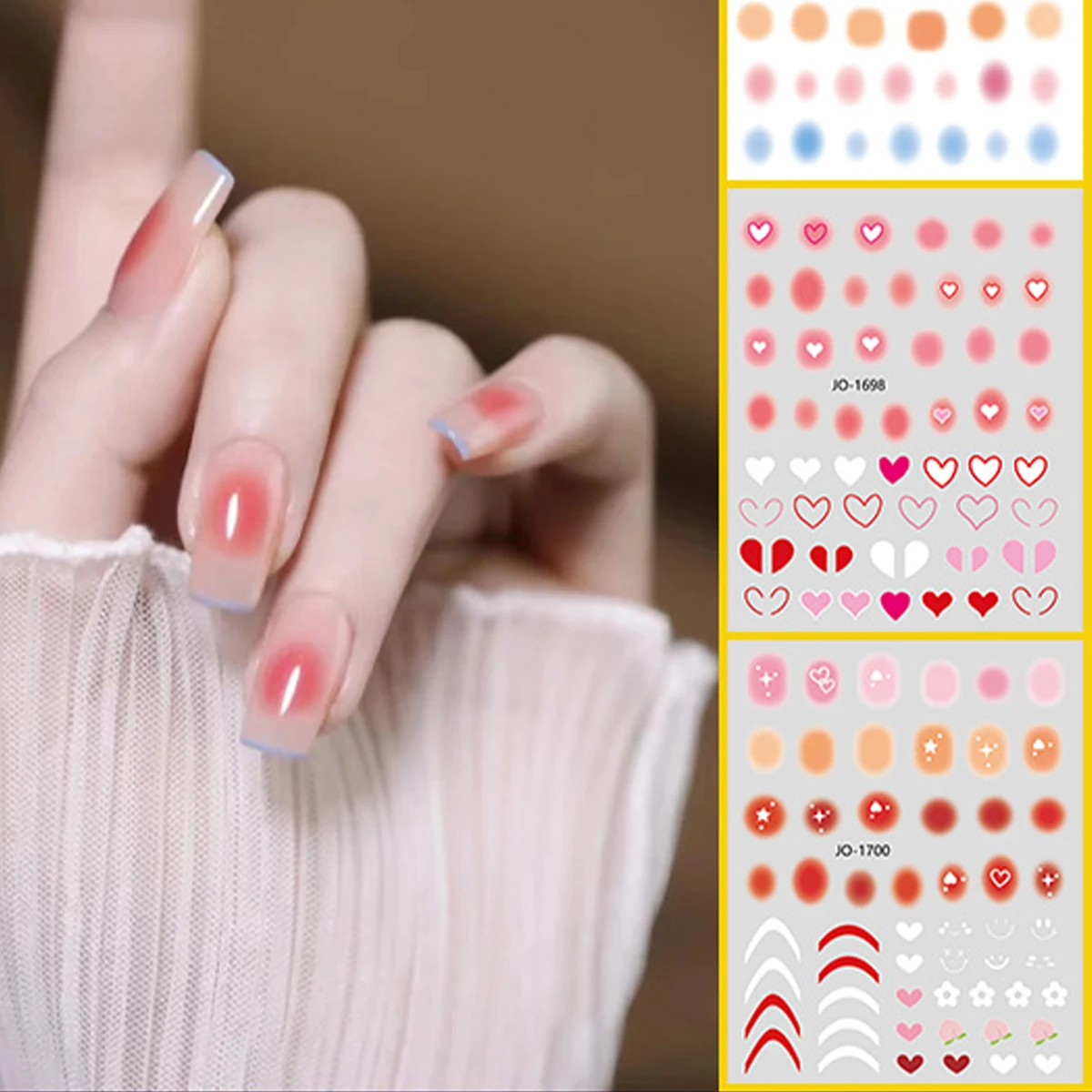 

10PCS Nail Sticker Smudged Gradient Blush Nail Decoration Decal 3D Multi-color Heart Nail Accessory Nail Slider