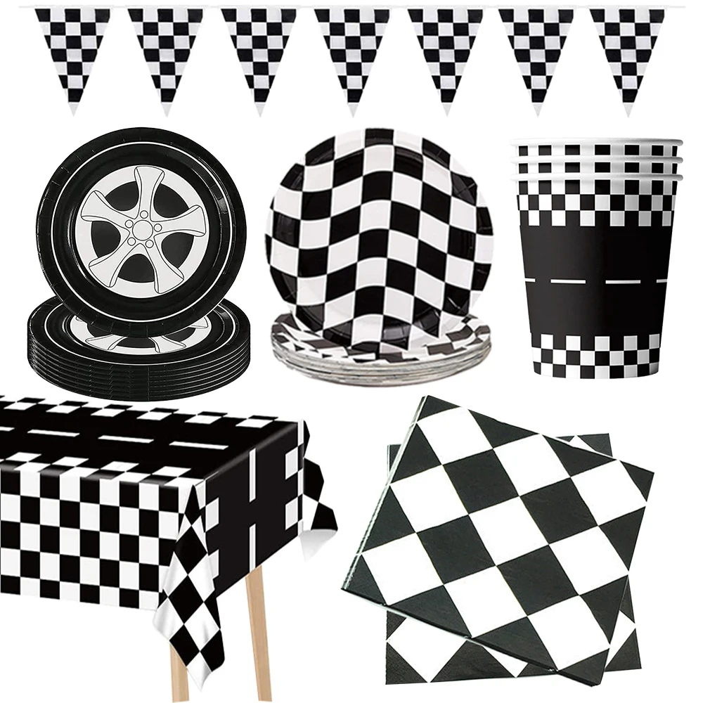 wheel Checkered flag Racing Car Party tableware paper Plates cups Race Car Tablecloth balloon boys Racing theme Party decoration