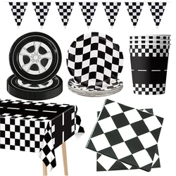 wheel Checkered flag Racing Car Party tableware paper Plates cups Race Car Tablecloth balloon boys Racing theme Party decoration