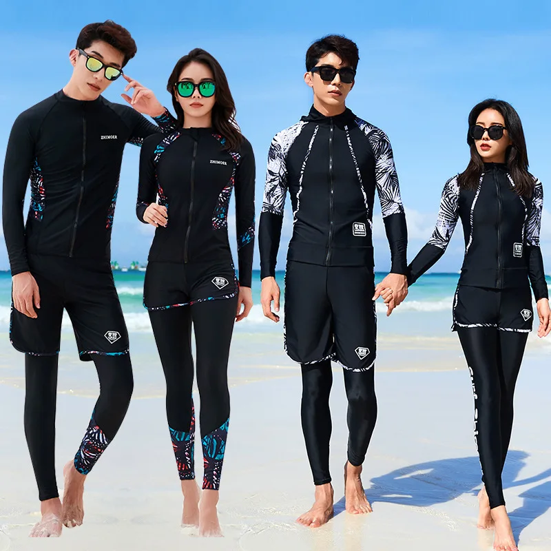 Rash Guard 3-5 Piece with Boy Shorts Long Sleeve Zipper Swimsuit Women Men