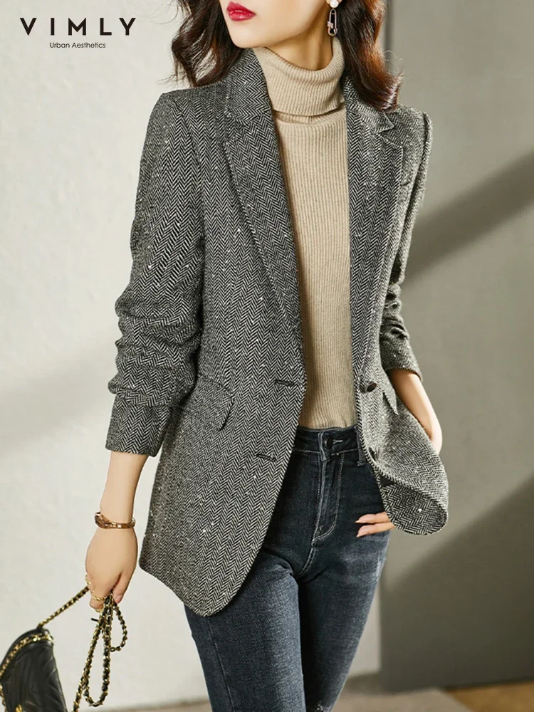 

VIMLY Sequins Wool Blend Blazer Women Spring Jackets 2024 Warm Outerwears Vintage Elegant Casual Business Woolen Tailored Coat