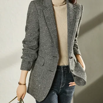 VIMLY 스팽글 울 혼방 블레이저 여성용 용수철 재킷, 2024 따뜻한 겉옷, 빈티지 우아한 캐주얼 비즈니스 모직 맞춤형 코트