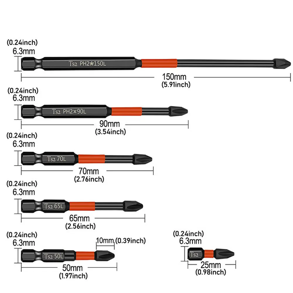 5Pcs PH2 Magnetic Cross Bit Set Special Slotted Cross Phillips Impact Batch Head Hardness Screwdriver Bit Screw Driver Hand Tool