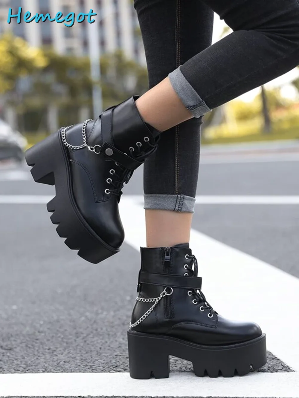 Platform Metal Chain Studded Decor Ankle Combat Boots Front