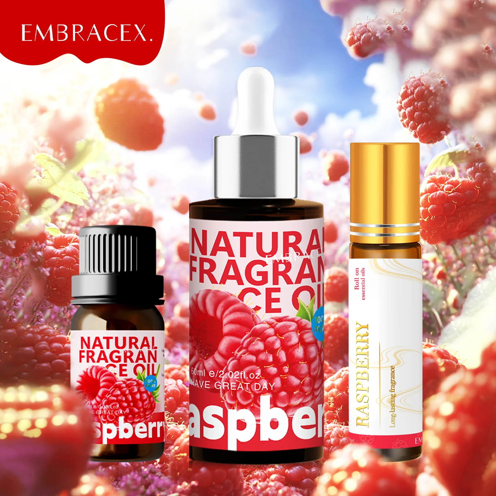 3PC/2PC/1PC 10ml 60ml Raspberry Oils Roller Essential Fruit Perfume Massage Oil Holiday Gift Soap Making_voghion.com