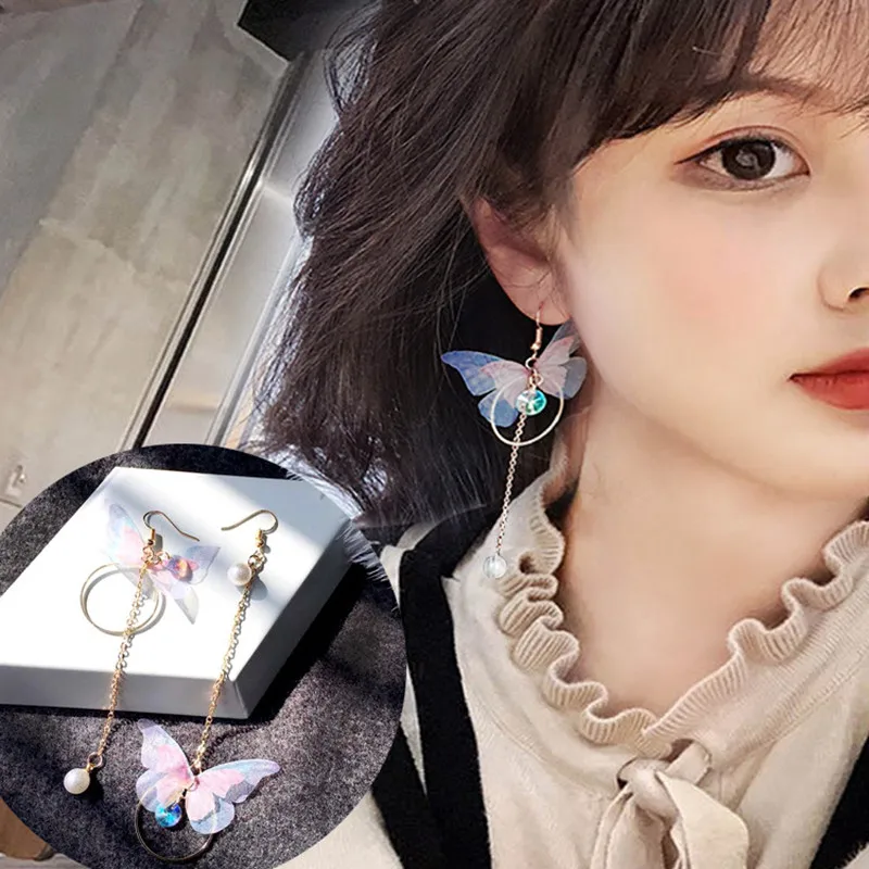 Butterfly Earrings Long Earrings Pendant Earrings Korean fashion retro asymmetrical butterfly earrings imitation pearl alloy wings pendant long earrings women