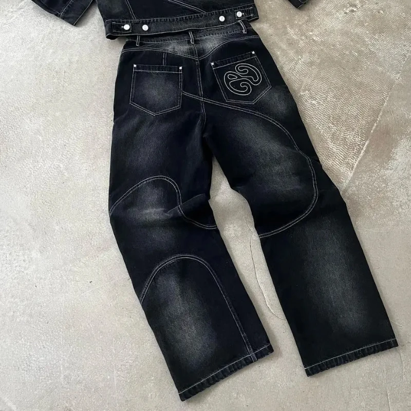 Street washed punk vintage men patchwork jeans Y2K fashionable loose fitting Gothic high waisted Harajuku straight leg pants 4