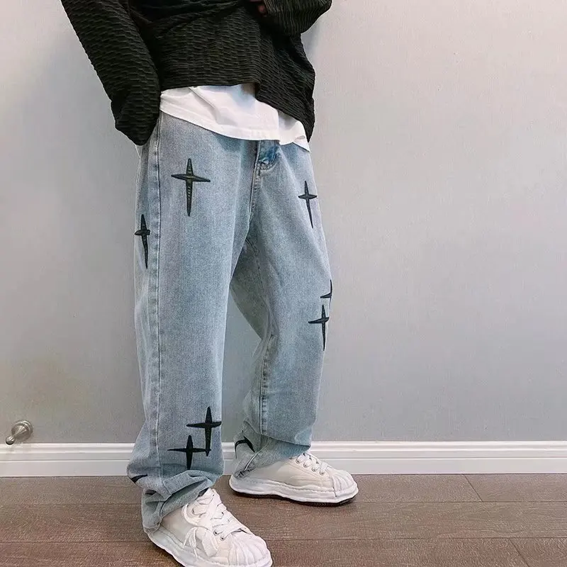 

2022 Vibe Style Cross Embroidery Retro Washed Men Baggy Jeans Trousers Hip Hop Distressed Vintage Denim Pants Pantalons Capris