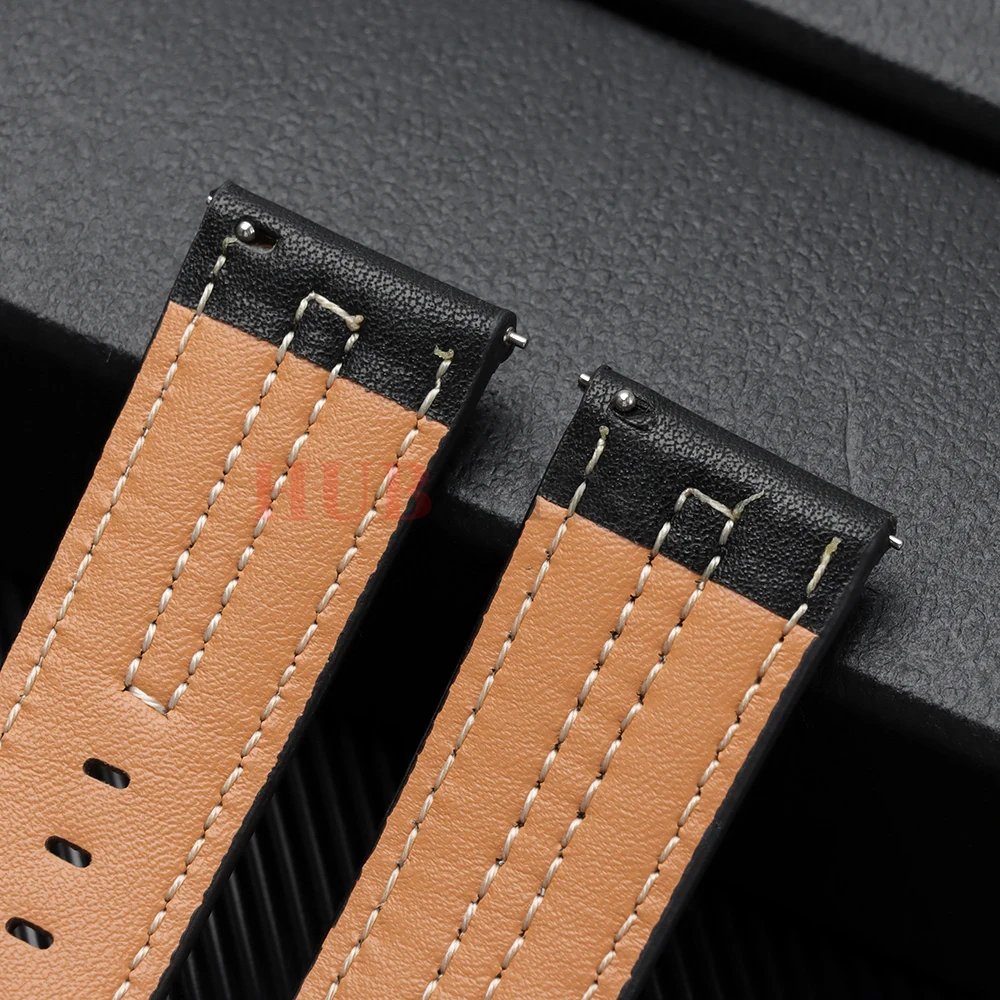 Vintage Handmade Leather Watch Band - Premium Cowhide Strap with Stylish Stitching, 22mm