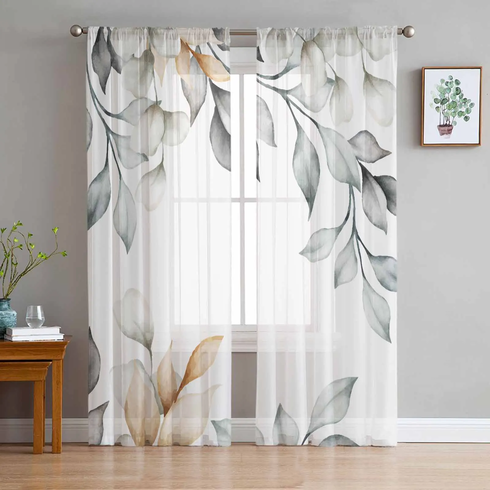 

Plant Watercolor Nature Tulle Voile Curtains for Bedroom Living Room Window Curtain Sheer Curtains Organza Drapes