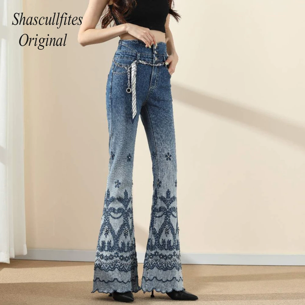 

Shascullfites Original High Waist Retro Straight Loose Mopping 3 Buttons Jeans Bottom Embroidered Women Denim Pants Jeans