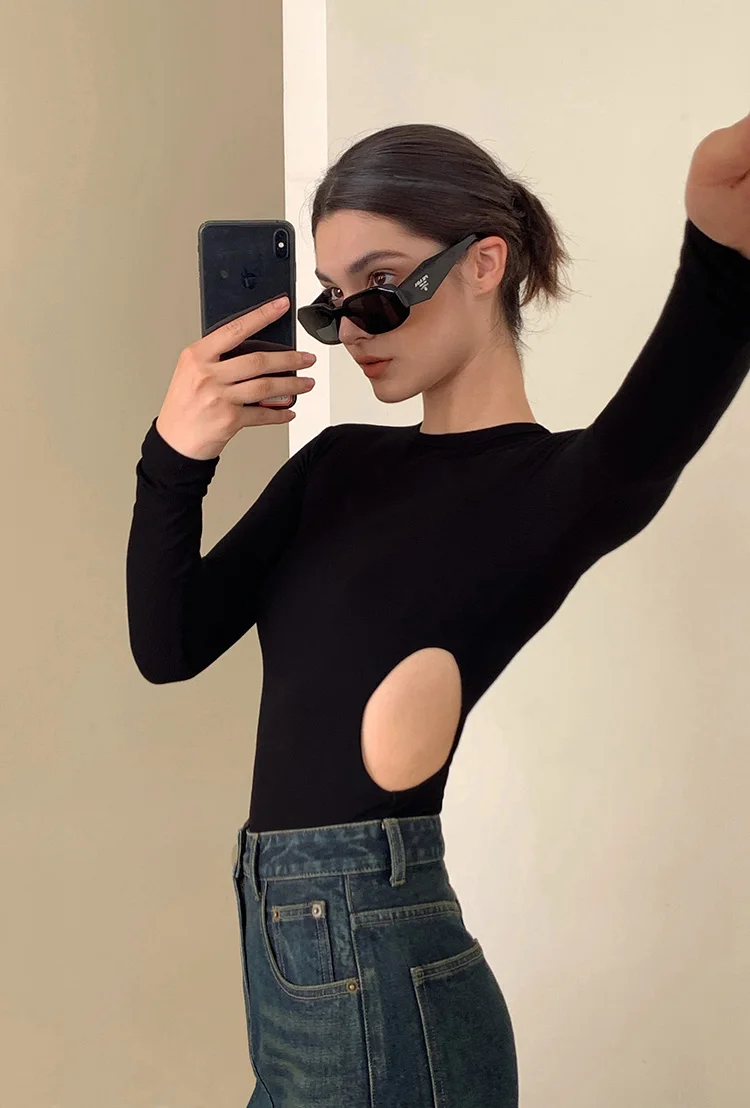 Women Solid Viscose Long Sleeve Crew Neck Cut Out Waist Detail Cropped Top