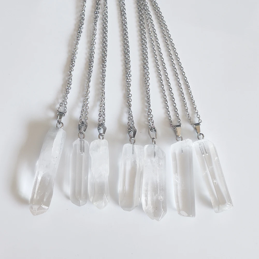 Natural White Crystal Hexagonal Pillar Pendant Necklace Healing Crystal Charms Necklaces For Women Jewelry
