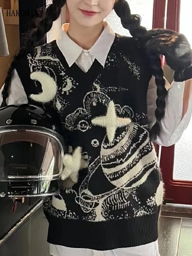 

2022 Women V neck Sleeveless Knitwear Oversized Jumper Blue Autumn Winter Black White Space Moon Flower Knitting Sweater Vest