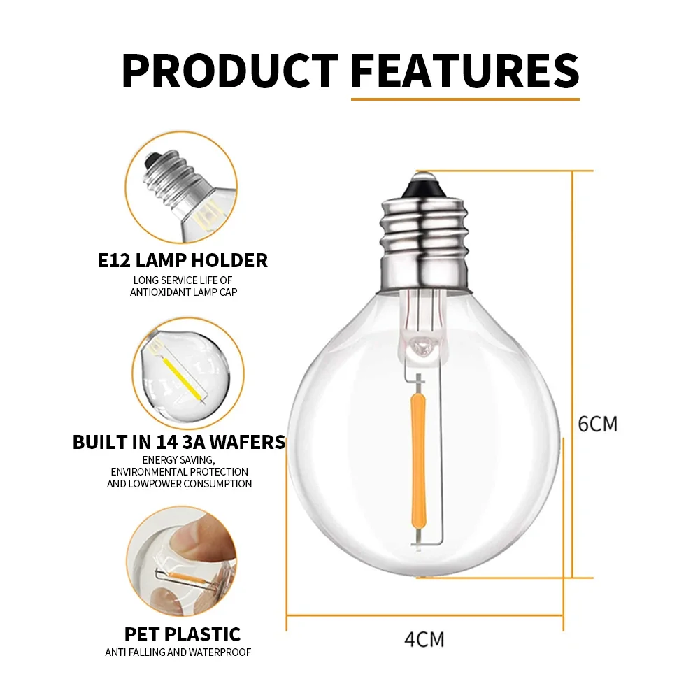100ft LED String Lights 50leds E12 G40 Bulb PC Lampshade Waterproof Garden Lights Outdoor Light Garland For Wedding Decoration