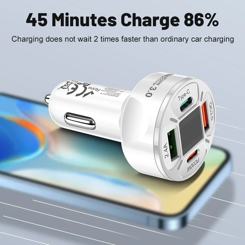 100W USB Digital Display Car Charger Charger Fast Charging Mobile Phone Charging Type C Adapter For iPhone Xiaomi Huawei Samsung
