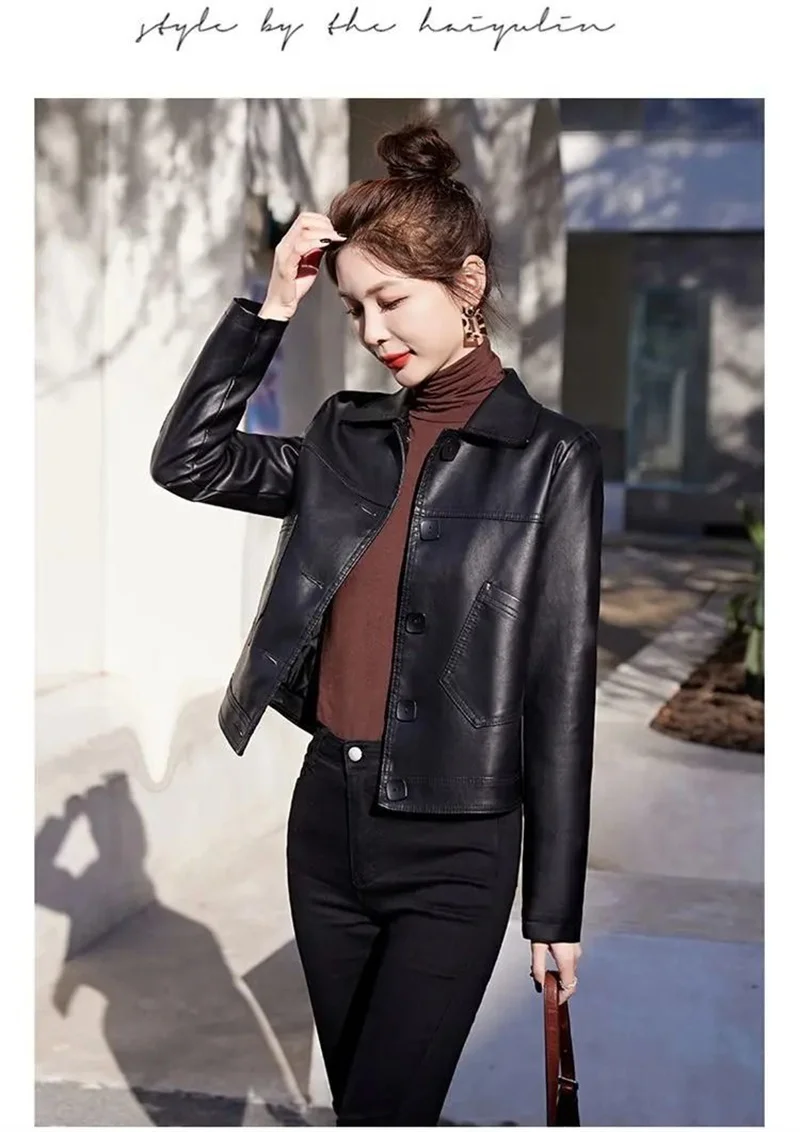 New Western Style Spring and Autumn Short Leather Jacket Women's Lapel Womens Casual Jacket Fashionable Leather Jacket Versatile