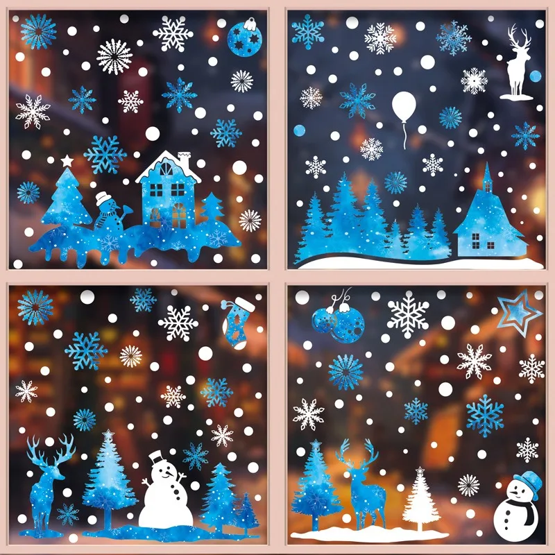 Blue Snowflake Christmas Window Stickers Santa Claus Snowman Elk Gingerbread Man Static Mirror Sticker Happy New Year 2026 Decor