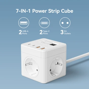 1 7-in-1 EU power strip, power strip surge protector, 1.5m extension cord,3 AC outlets 3 USB 1 Type-C, timed off desktop chargin 1