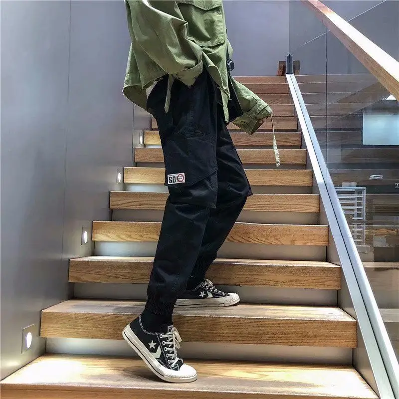 Spring Summer Fashion High Waist Loose Men's Clothing All MatchSolid Color Tie Feet Slimming Pockets Solid Cotton Casual Pants