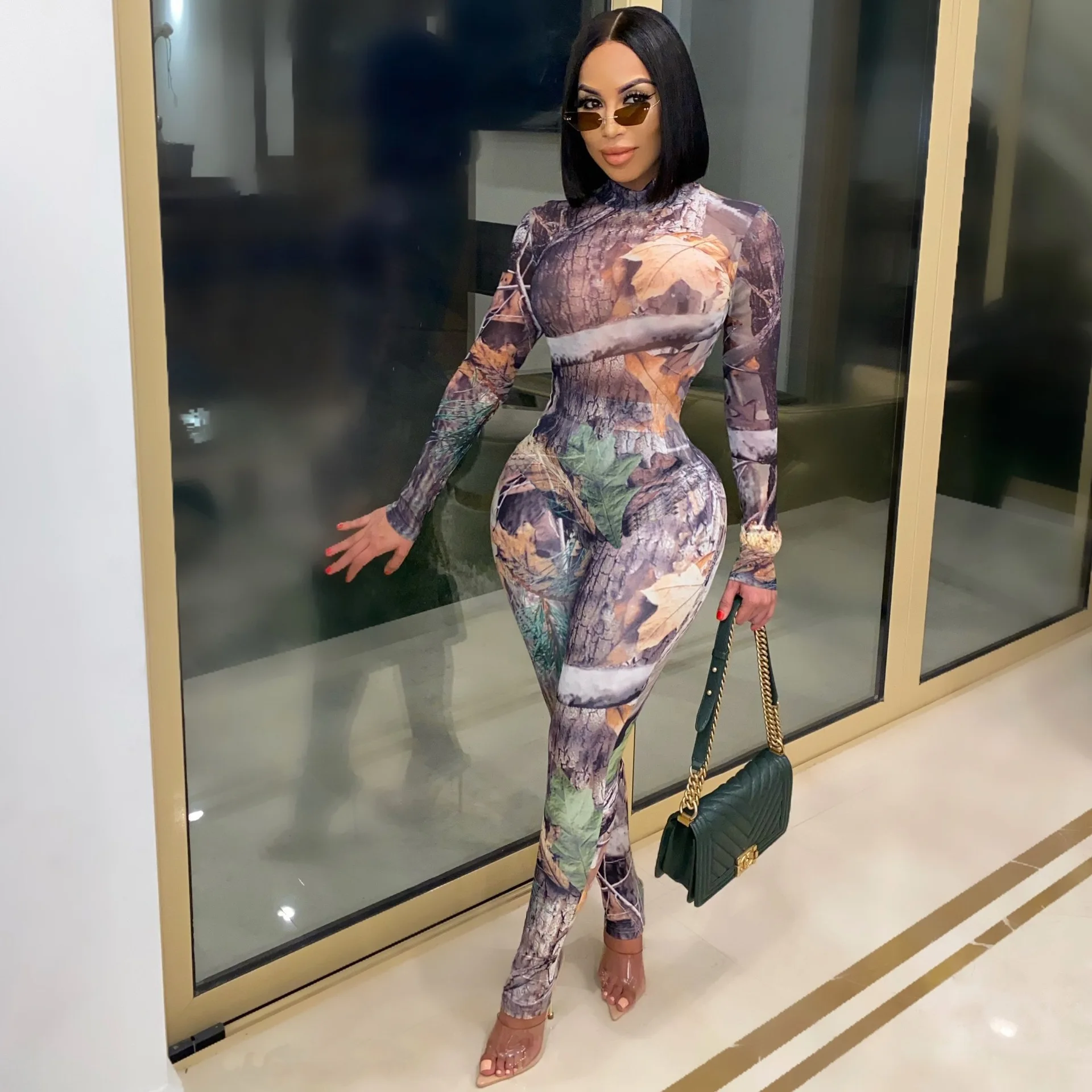 

Casual Leaf Print Jumpsuit Women Sexy Turtleneck Long Sleeve Pants Skinny Club Party Body Overalls