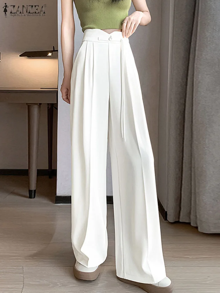 

ZANZEA 2024 Summer Swing Pantalons Fashion Wide Leg Long Pants Korean Solid Pleating Trousers Casual Loose Holiday Pocket Pants