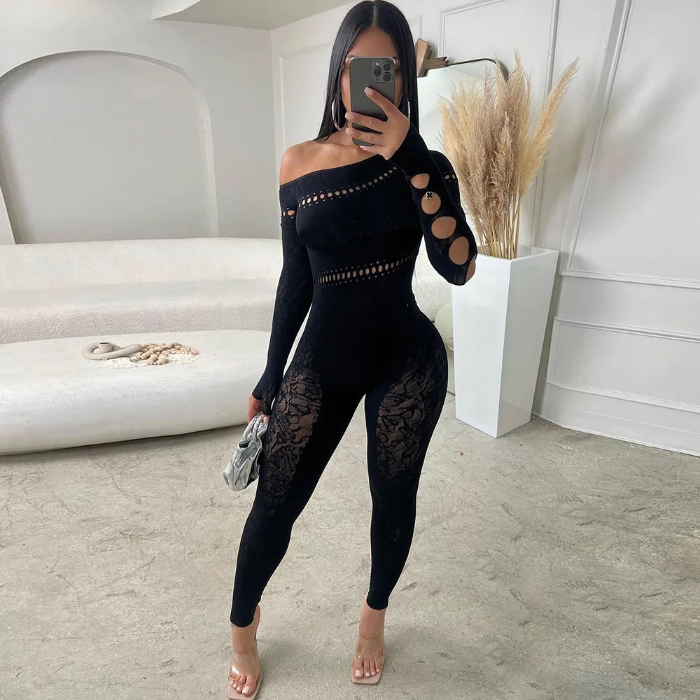 

Hollow Out Seamless Knitted Jacquard Rompers Womens Jumpsuit Sexy Pearl Skew Neck Skinny Night Club Party Overalls One-piece