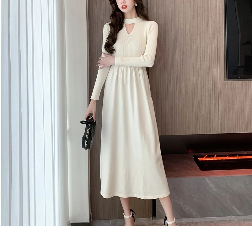 

2023 Autumn/Winter New Korean Edition Simple Solid Color Underlay Knitted Mid length Knee Length Dress for Women