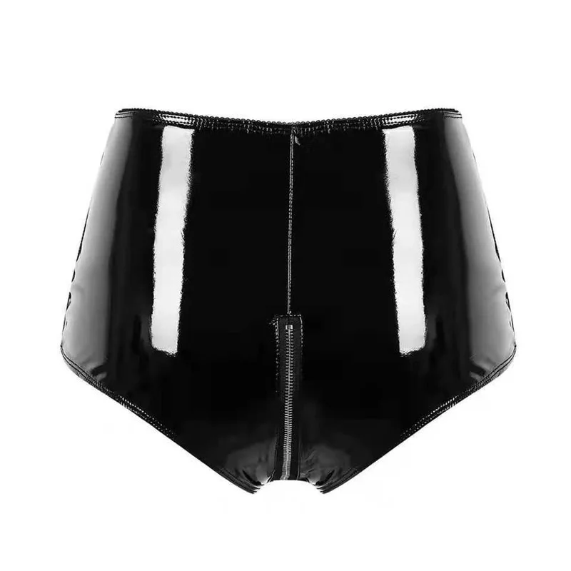 Sexy Women Exotic Pants Faux Leather PVC High Waist Zipper Open Crotch Panties Clubwear Plus Size Latex Fetish Bondage Pants 4XL