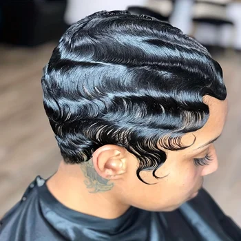 Deep Wave Finger Wave Wig Human Hair 150% Density, Short Pixie Cut Wigs for Women, Glueless Full Machine Made with Rose Net Cap,
