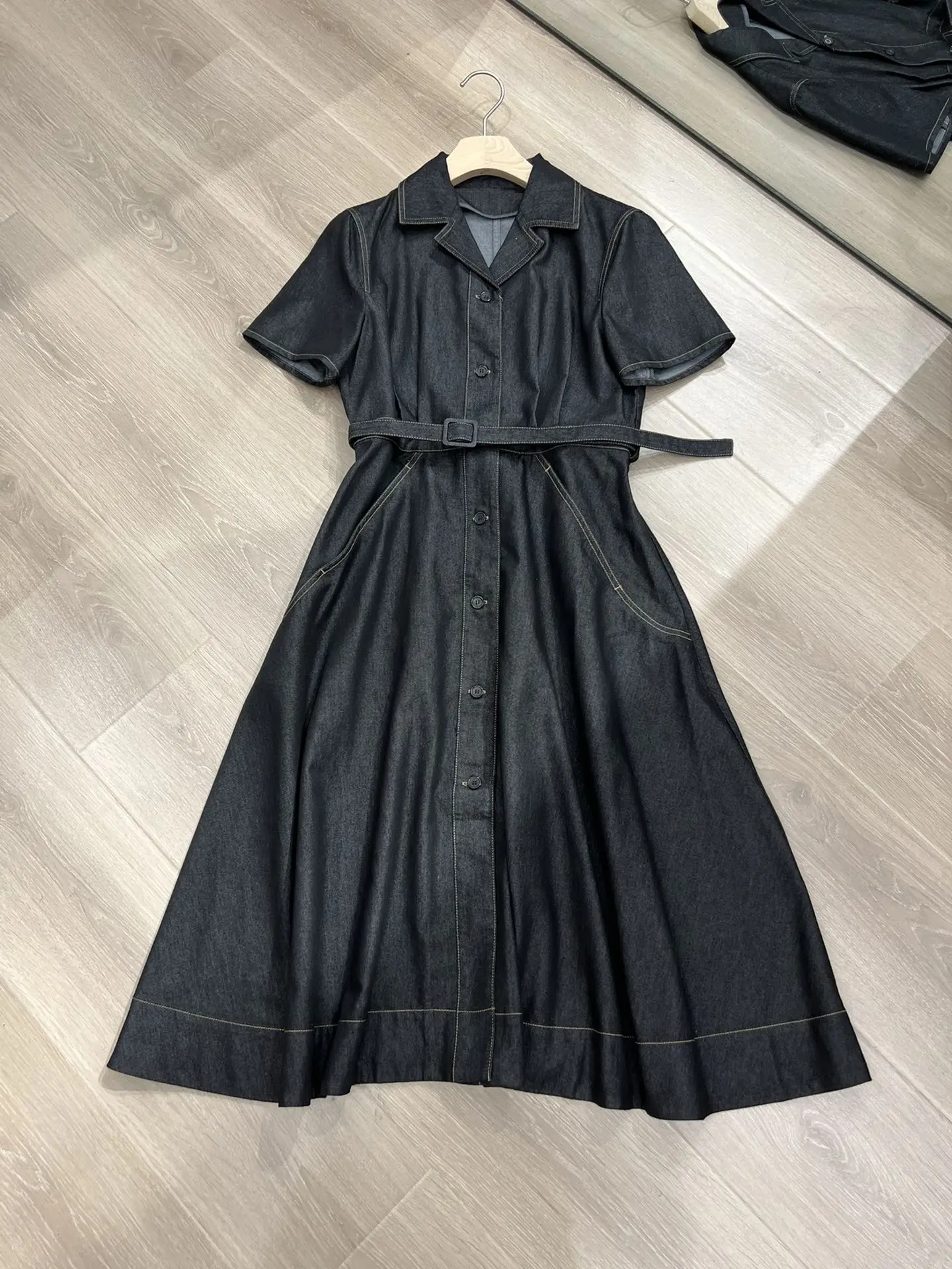 

Short Sleeve Denim Dress With Waistband High Quality A Line Dress Open Button 2024 New Luxury Women's Clothing ﻿