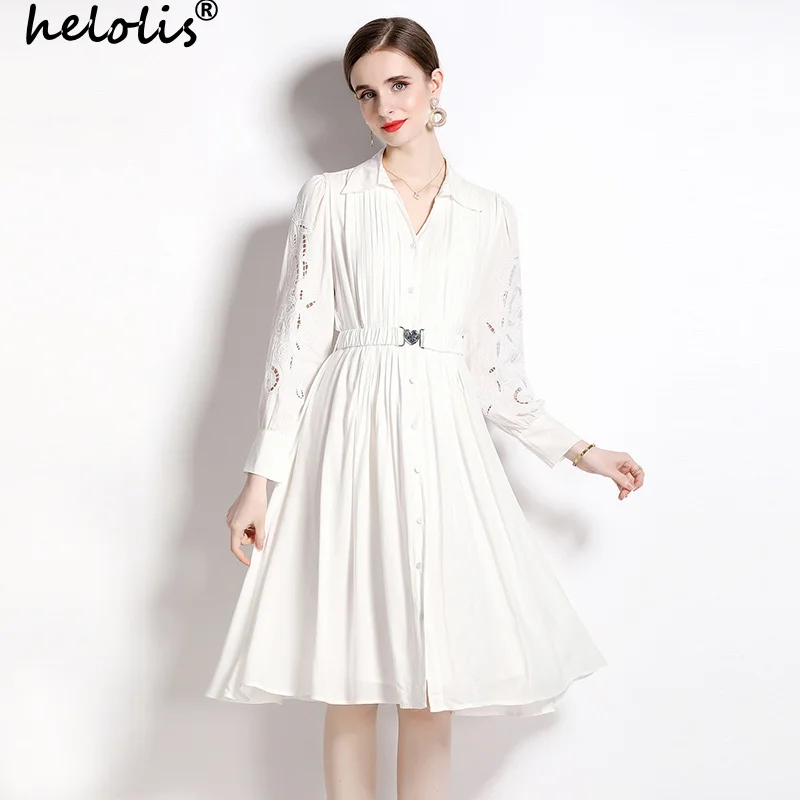 

Helolis 2023 Summer New Fashion Hollow Out Embroidery Pleated Dresses Women Lapel Long Sleeve Single Breasted Midi Dress Robe