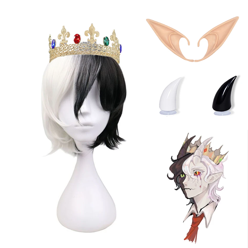 Ranboo Cosplay Costume Mental Crown Wig Black and White Horns with 12cm Elf Ears Red Tie Cosplay Accessories Set Prop morticia addams costume Cosplay Costumes