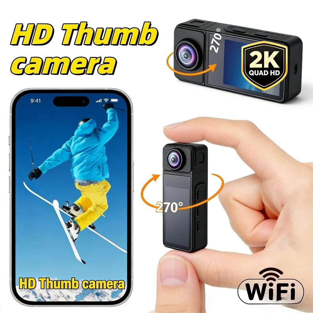 2K HD Sport Thumb Action Camera Wifi AP 270° Rotatable Len Portable Mini Action Cam Built-in Battery for Running Cycling Skiing