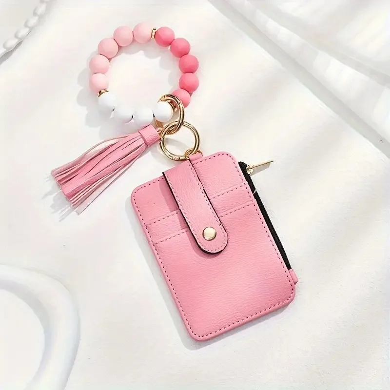 Creative Key Ring Bangle Purse Designer Leopard Leather Card Holder Silicone Beaded Credit Cards Women Keychain Wallet