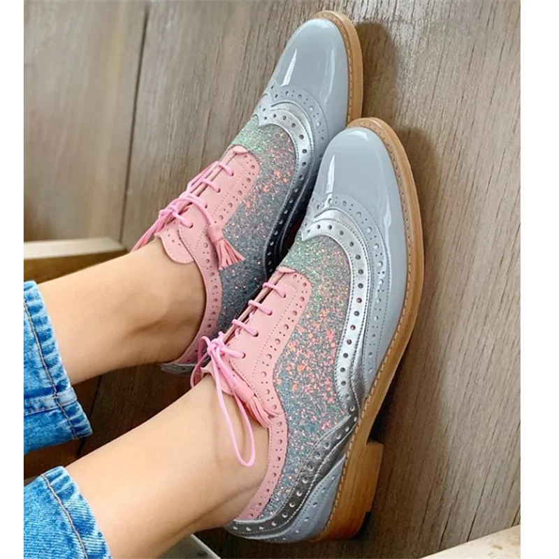 35~43 Big Size Vintage British Style Oxfords Round Toe Gold Green Pink Lady Lace Up Brogues Loafers Casual Shoes For Women