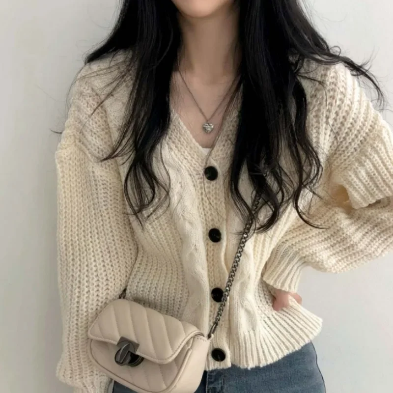 

2024New Button Front Cable Knit Cardigan Women's Vintage Long Sleeve Sweater Jacket Ladies Korean Fashion Autumn Winter Knitwear