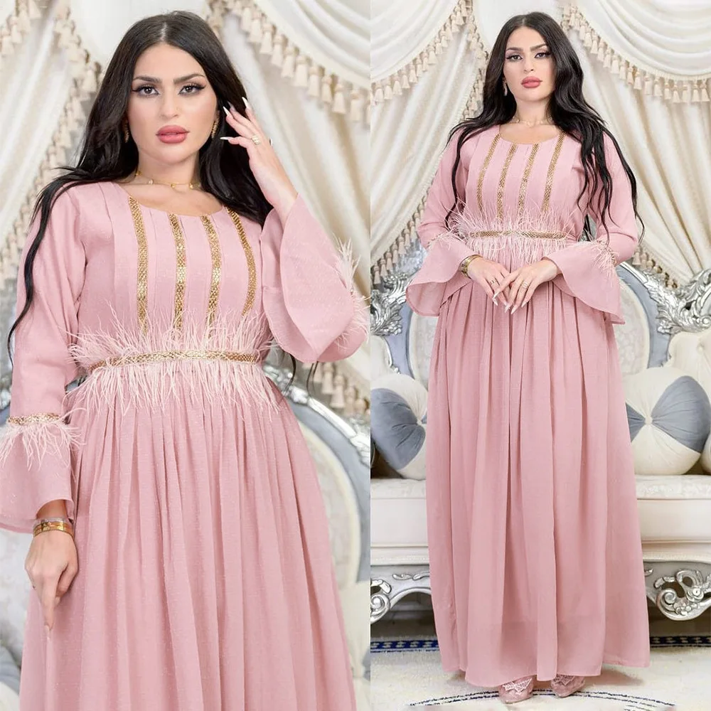 Morocco Muslim Party Dress Feather Diamond Chiffon Abaya Dubai Jalabiya for Women Elegant Modest African Islam Clothing Kaftan