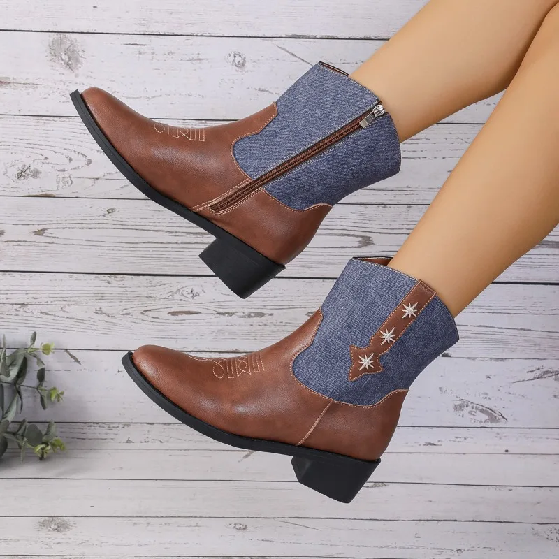 

2023 Winter Shoes for Female Side Zip Women's Ankle Boots Square Heel Casual Women's Shoes Patchwork Plus Size Ladies Boots