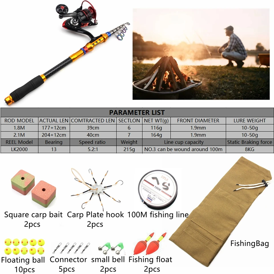 1.8M-2.1M Carbon Portable Fishing Rod Spinning Rod and Reel Set Soft Bait  Fish Hook Bag Rod Reel Combos Sea Novice Fishing Rod - AliExpress