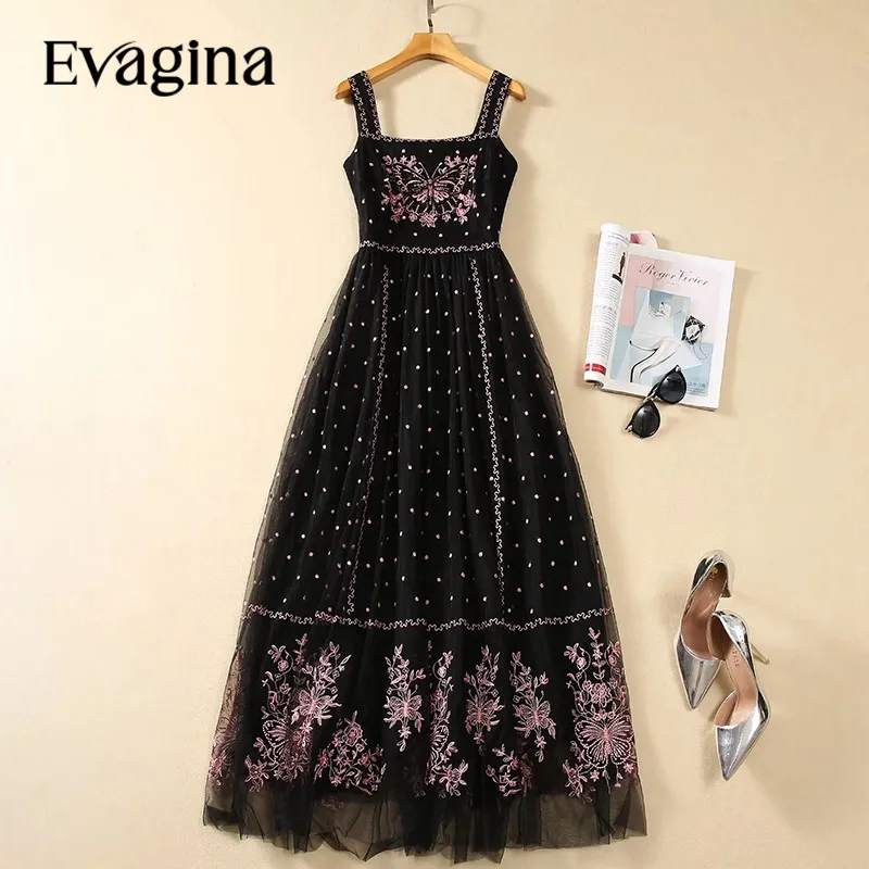 

Evagina New Fashion Runway Designer Women's Sling Gauze Embroidery Black Pleated Dress