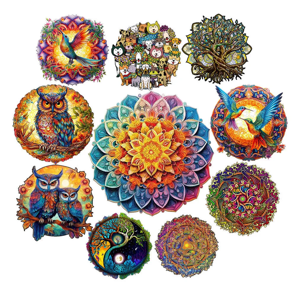 100-300 Pcs Animal Wooden Puzzle Circular Wood Jigsaws Intelligent Decompressed Puzzles for Adults Kids Holiday Gift Decoration